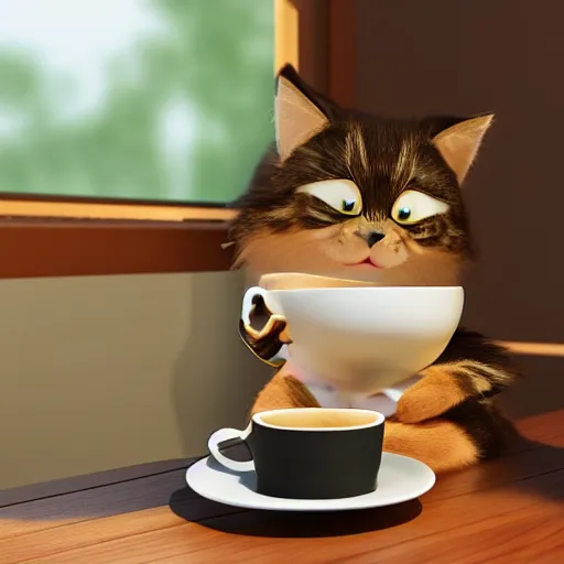 Prompt: A cute 3d render os a cat drinking a cup of coffee, by Pixar, octane render, Raytracing