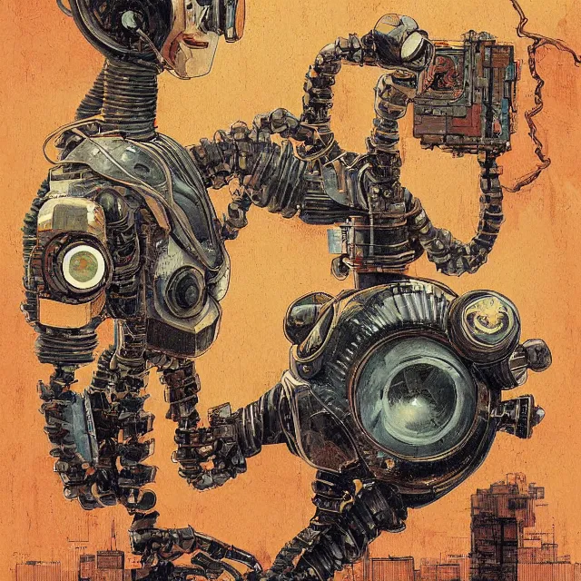 Prompt: robot artist painting a self - portrait on a canvas. intricate, highly detailed, digital matte painting, in the style of alexandros pyromallis, and in the style of sachin teng, and in the style of hans thoma, and in the style of masamune shirow. irony, recursion, inspiration.