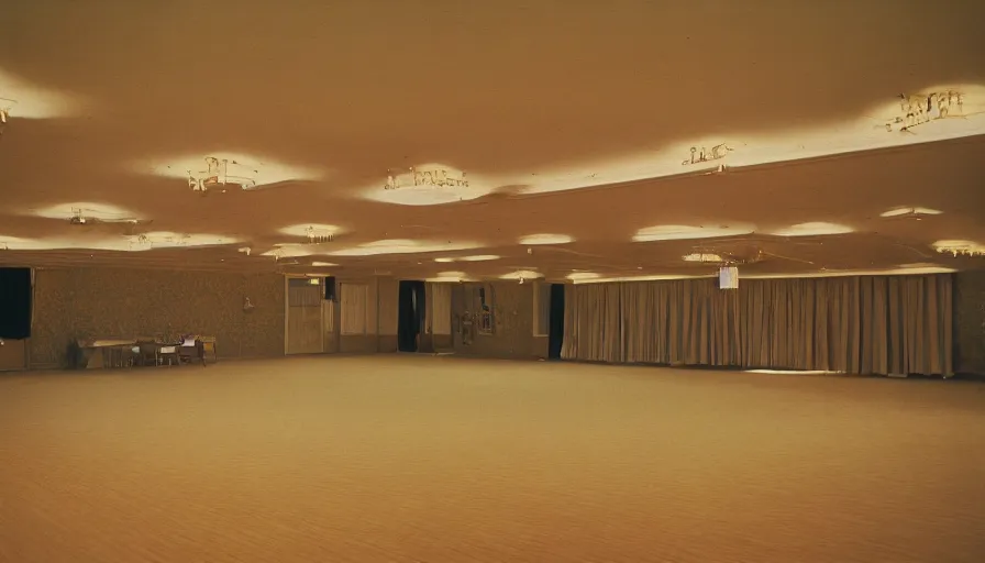 Image similar to 70s movie still of a ballroom with a very high ceiling, cinestill 800t Technicolor, heavy grain, high quality, criterion collection, liminal space style