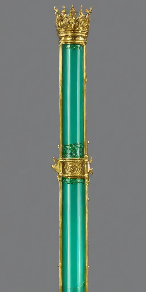 Prompt: photograph of a large green and teal crystal sword with a gold sword hilt