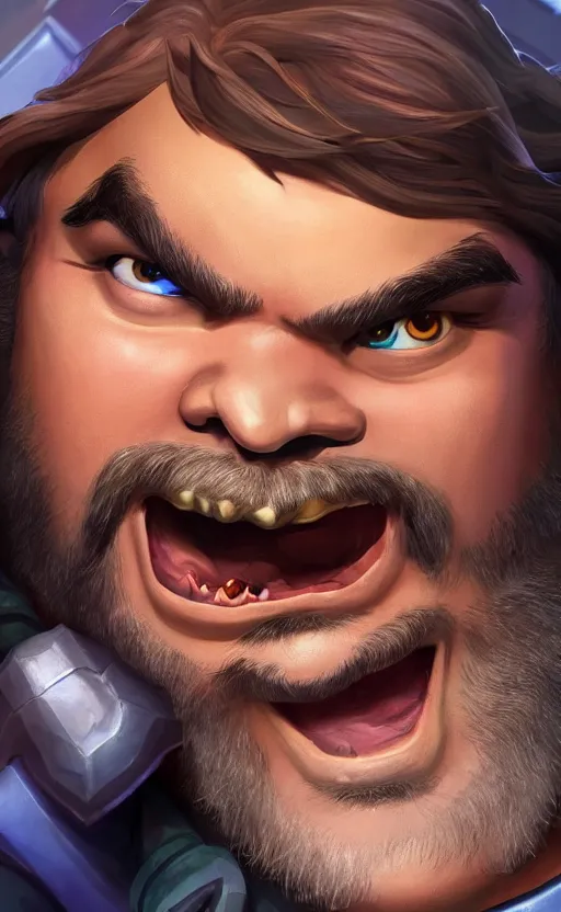 Image similar to Jack Black as a character in the game League of Legends, with a background based on the game League of Legends, detailed face, old 3d graphics