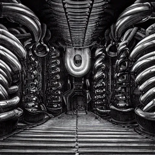 Prompt: h r giger, a large biomechanical room, a funnel leading down, moody lighting, dark atmosphere