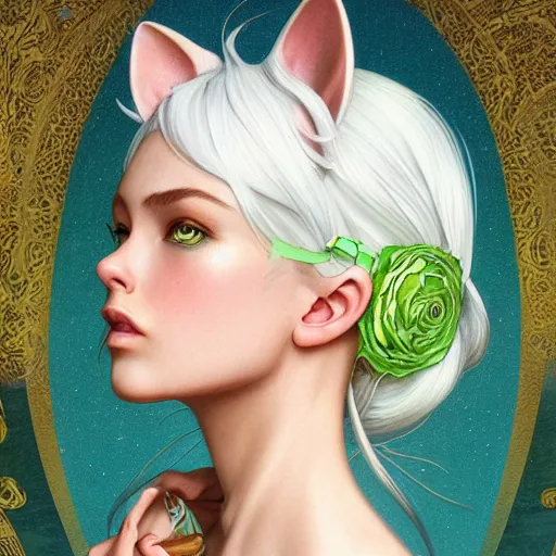 Image similar to ultra realistic illustration, dream girl with white hair, with light green eyes, with cat ears, in a sundress, intricate, elegant, highly detailed, digital painting, artstation, concept art, smooth, sharp focus, illustration, art by artgerm and greg rutkowski and alphonse mucha