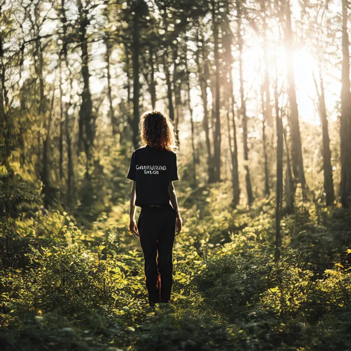 Image similar to a woman, in nature, backlit, wearing pants and a t-shirt, backlit, photo by Marat Safin, Canon EOS R3, f/1.4, ISO 200, 1/160s, 8K, RAW, unedited, symmetrical balance, in-frame