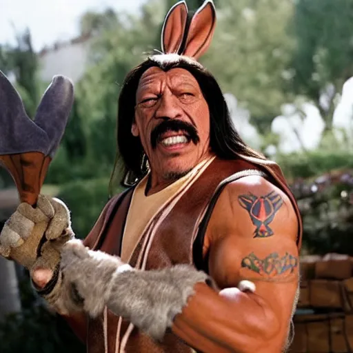 Image similar to Danny Trejo as Bugs Bunny from Looney Tunes, live action movie, set photo in costume, cosplay, photograph