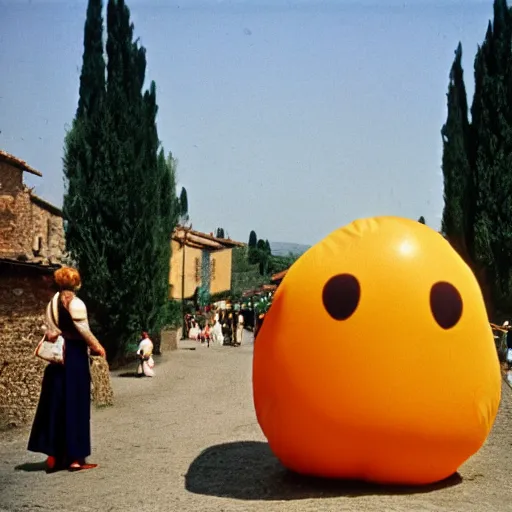 Prompt: an ample woman dressed as a squishy inflatable toy, from behind, smiley passersby, in tuscany, film still, fellini 1977 technicolor