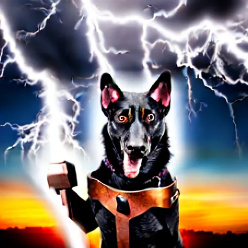 Image similar to a canine thor holding thor's hammer with its paw, dramatic lightning background