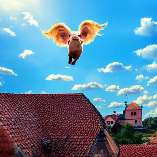 Image similar to pig flying over romanian village with angel wings in a blue sky, bokeh, dramatic lighting