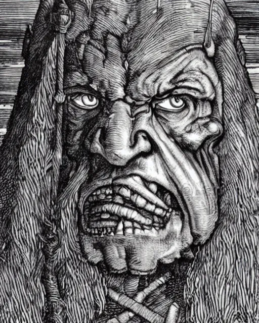 Image similar to orc, fine details, extremely detailed, black and white, very sharp, in the style of albrecht durer