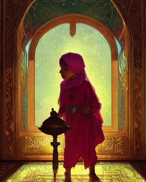 Image similar to a bedouin child infront of an big open quran highly detailed, gold filigree, romantic storybook fantasy, soft cinematic lighting, award, disney concept art watercolor illustration by mandy jurgens and alphonse mucha and alena aenami, pastel color palette, featured on artstation