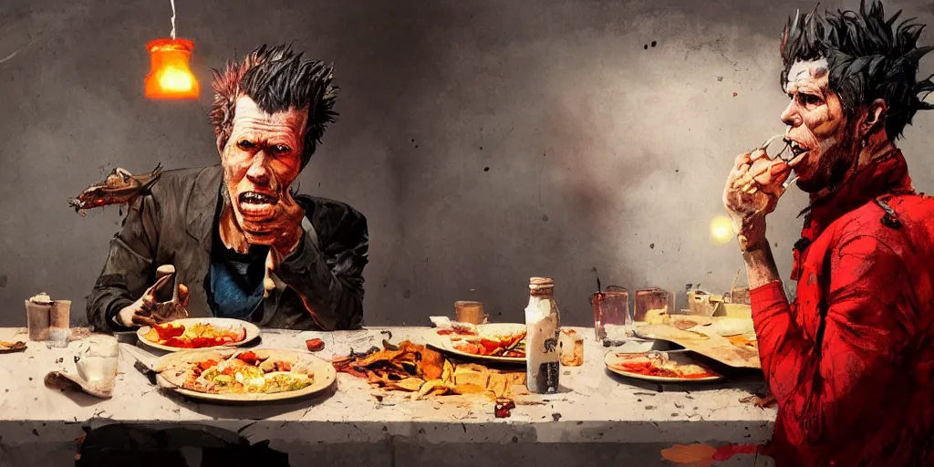 Prompt: cartoonish tom waits eating dinner, vivid colors, character sheet, fine details, concept design, contrast, kim jung gi, greg rutkowski, trending on artstation, 8 k, full body, turnaround, front view, back view, ultra wide angle