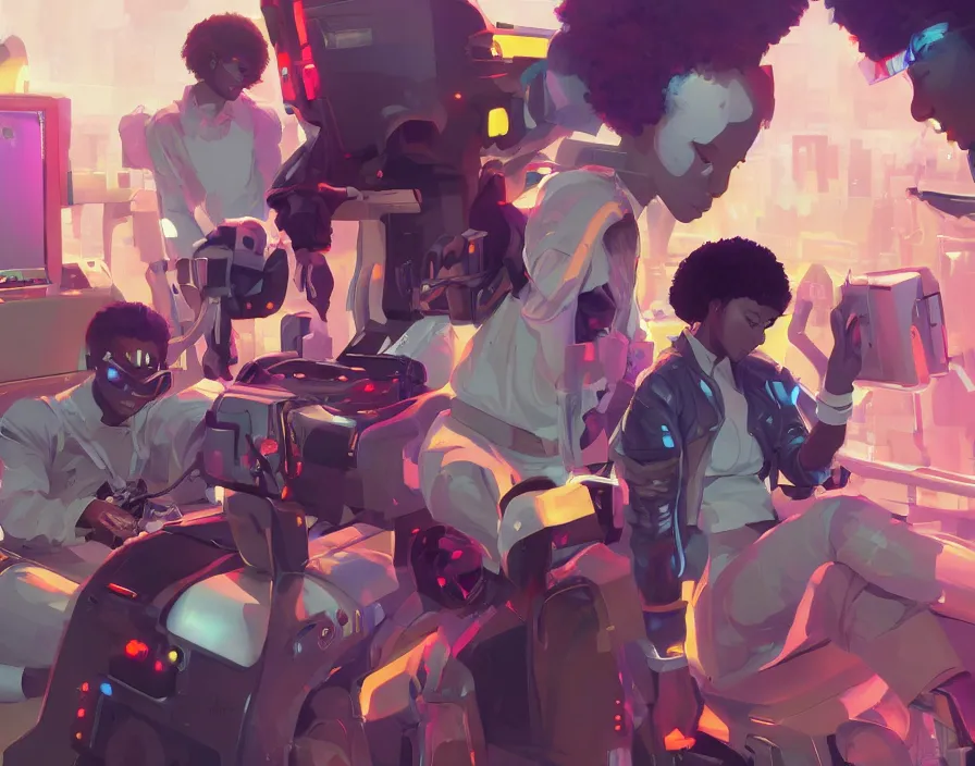 Image similar to afro - futuristic gamers, game consoles and joysticks, hacking the multiverse of gaming | hyperrealistic oil painting | by makoto shinkai, ilya kuvshinov, lois van baarle, rossdraws | afrofuturism, in the style of pascal blanche, trending on artstation | dark color scheme