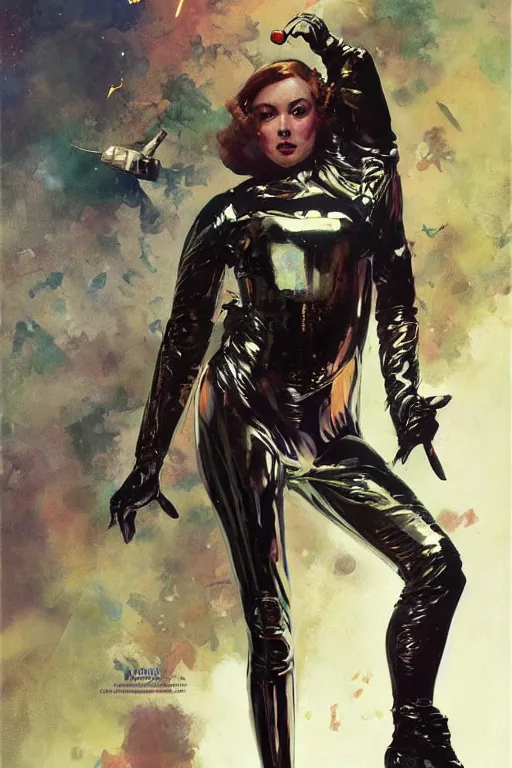 Prompt: pulp scifi fantasy illustration full body portrait of elegant woman wearing latex spacesuit, dynamic, dramatic, by norman rockwell, jack kirby, bergey, craig mullins, ruan jia, jeremy mann, tom lovell