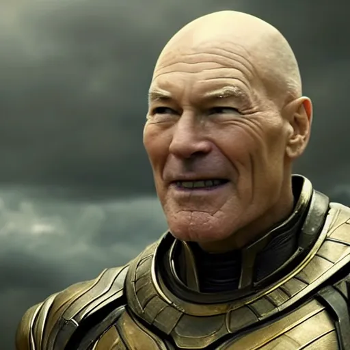 Prompt: Thanos with Patrick Stewart's face smiling.Cinematic, Ultra Realistic, 4k, close up,
