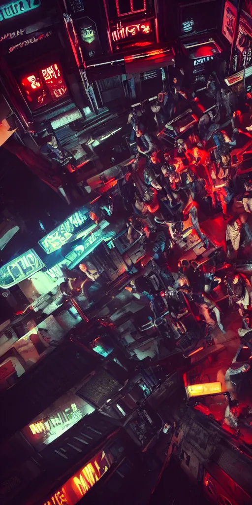 Image similar to epic highly detailed photo of gangs fight in cyberpunk night adult club, 3 5 mm, guns blasting, low angle, blade runner, akira, cinematic angle, cinematic lighting, reflections, action, battle