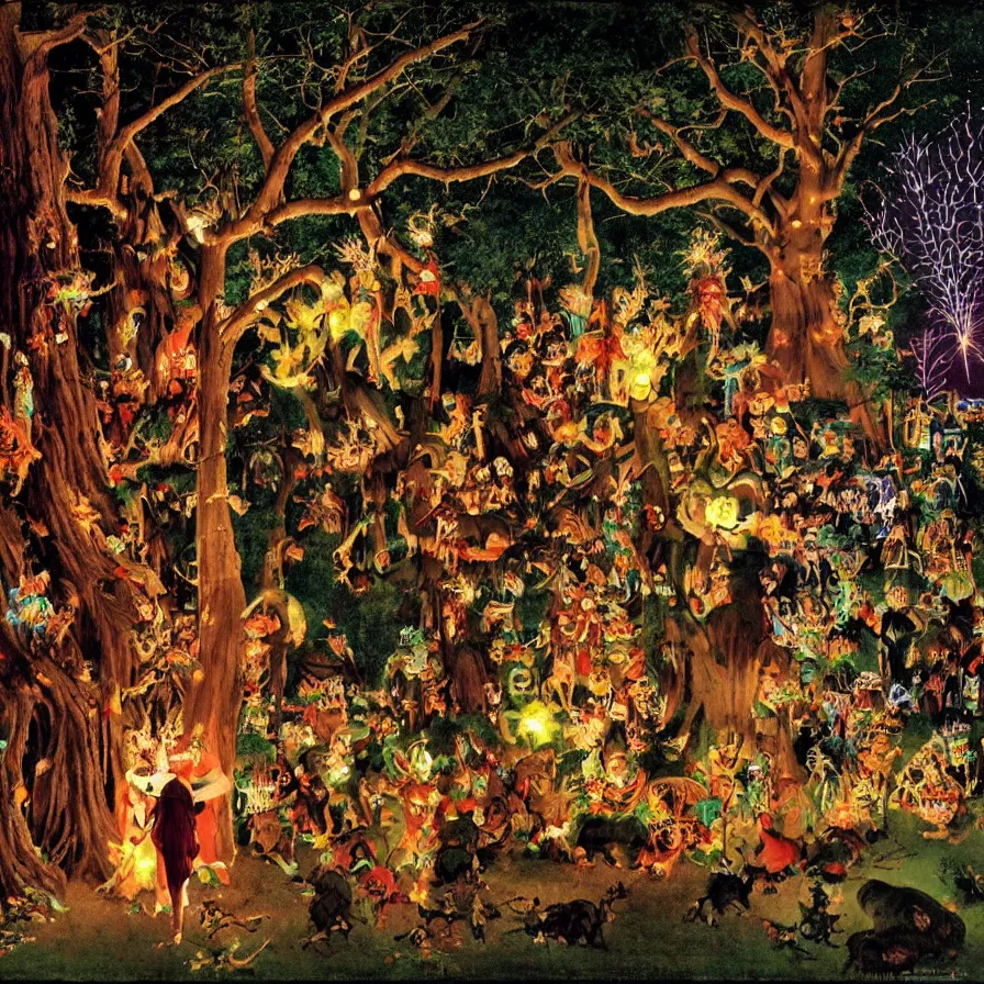 Prompt: a night carnival around a magical tree cavity, with a surreal orange moonlight and fireworks in the background, next to a lake with iridiscent water, christmas lights, folklore animals and people disguised as fantastic creatures in a magical forest by summer night, masterpiece painted by norman rockwell, frank frazetta, and syd mead, dark night environment