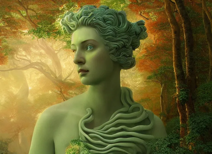 Image similar to a portrait of idealistic marble statue with fractal flowery hair and fair porcelain face and green eyes, in a magical forest, painted by, mc escher, gordon onslow ford, georgia o'keeffe and ivan aivazovsky, cinematic light, god rays, colourful, unreal engine, zbrush central,