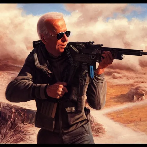 Image similar to joe biden is a terminator shooting a shotgun, cinematic, establishing shot, extremly high detail, photorealistic, cinematic lighting, artstation, style by James Gurney