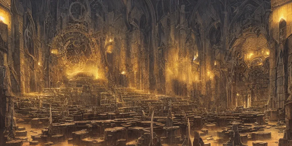 Image similar to Artwork by John Howe of the cinematic view of the Sanctuary of the Executioner.