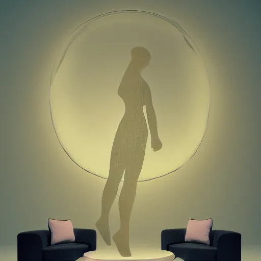 Image similar to a large flaurecent lamp in a shape of woman body placed in a living room, designer pencil 3d sketch, HD resolution