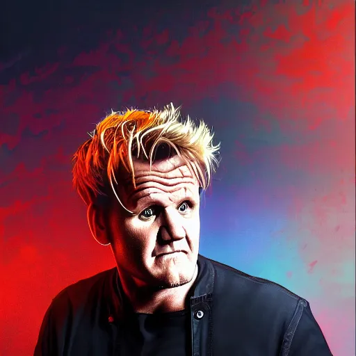 Image similar to photorealistic gordon ramsay in a hellscape by michael whelan. hyperdetailed photorealism, 1 0 8 megapixels, amazing depth, high resolution, 3 d shading, 3 d finalrender, 3 d cinematic lighting, glowing rich colors, psychedelic overtones, artstation concept art.