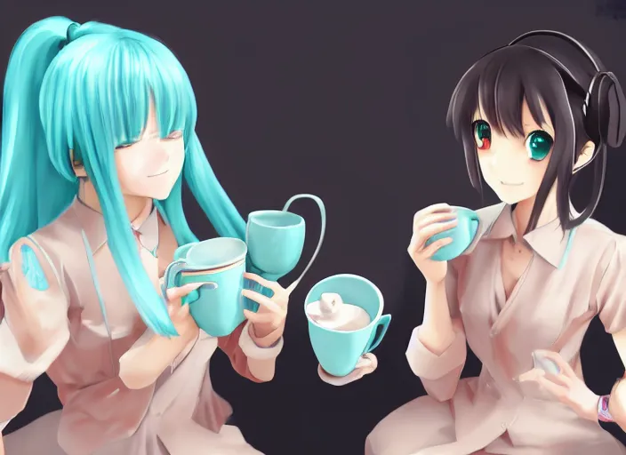 Prompt: An anime-style digital painting of anime girl Hatsune Miku and anime girl Makise Kurisu drinking a cup of tea, cgi render, trending on ArtStation, pixiv, detailed