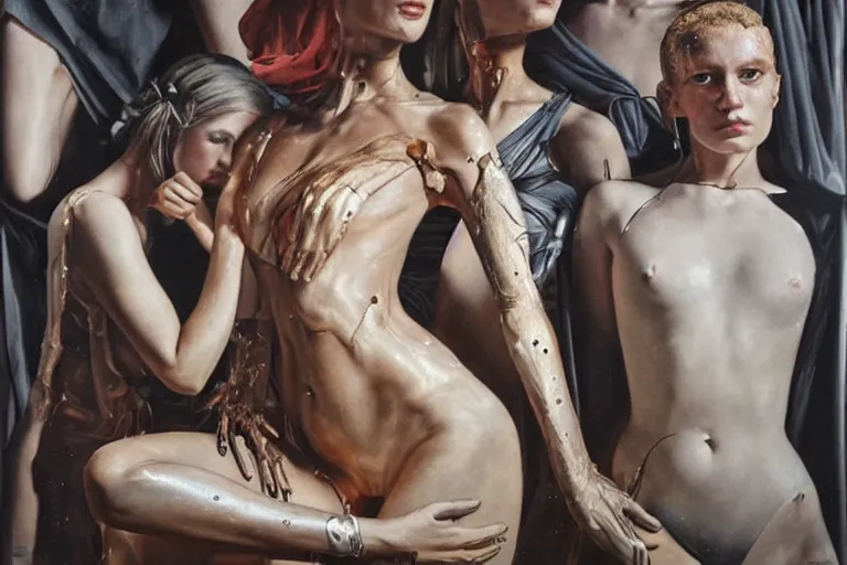 Prompt: hyperrealism oil painting, group portrait, fashion model and melting cyborg, complete darkness, in style of classicism mixed with 8 0 s sci - fi hyperrealism