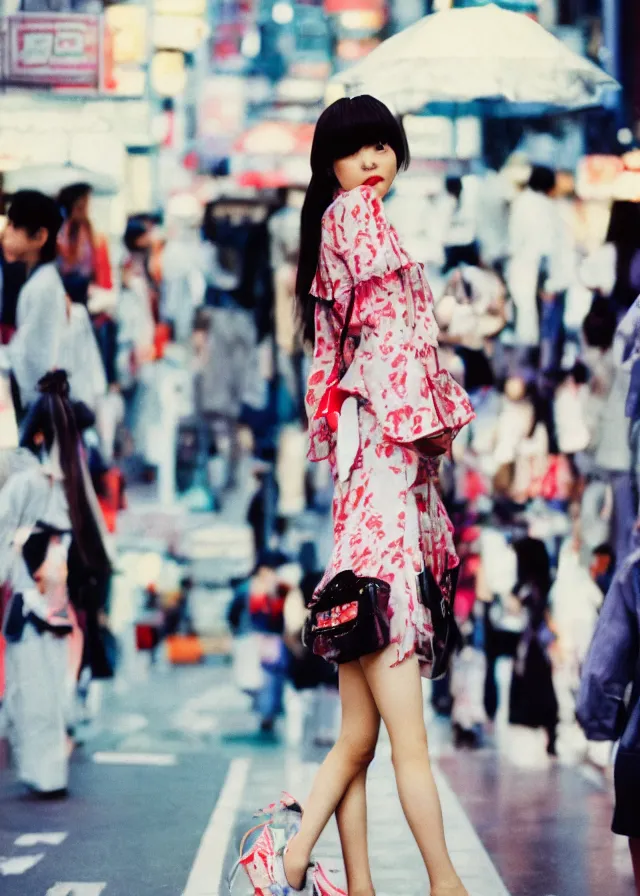 Image similar to a street fashion photograph of a cute japanese woman in 9 0 s fashion, in tokyo akihabara, shot on cinestill 5 0 d with a 3 5 mm at f / 2. 8 lens, print magazine, photorealistic, nineties nostalgia, 4 k