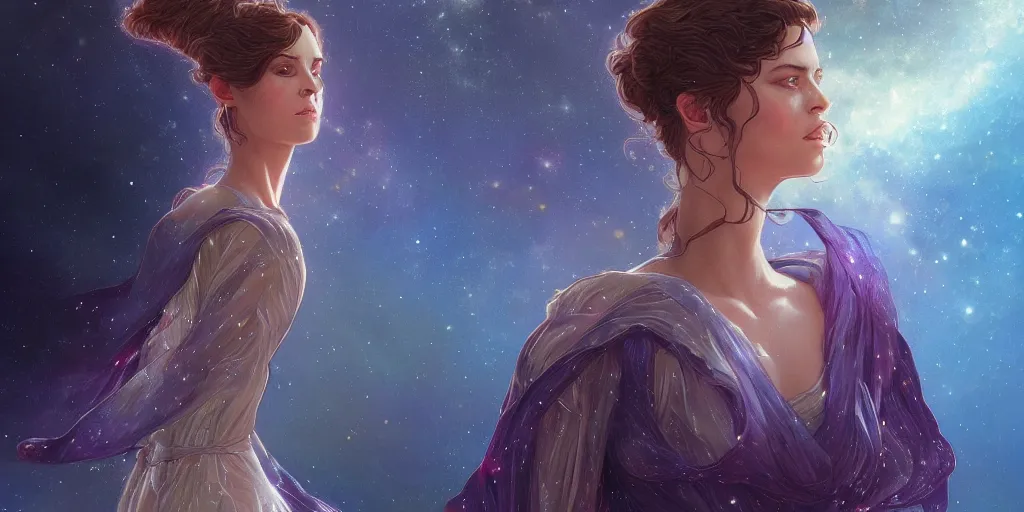 Image similar to girl wearing a dress made out of the nebula, ultra realistic illustration, alanis guillen, intricate, elegant, highly detailed, digital painting, artstation, concept art, smooth, sharp focus, illustration, art by artgerm and greg rutkowski and alphonse mucha