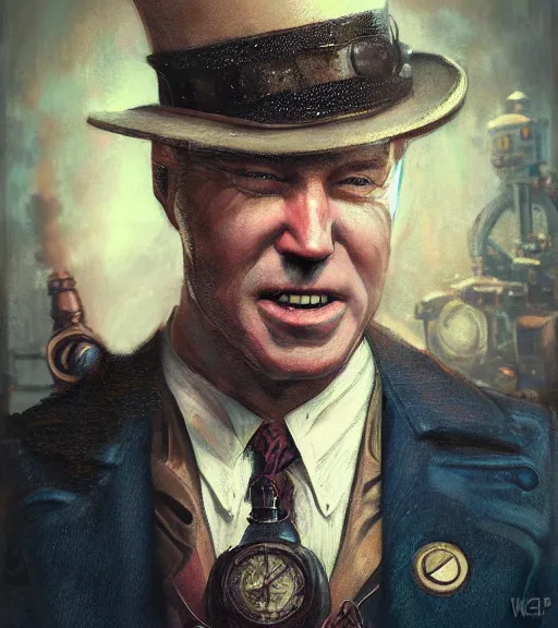 Prompt: portrait of steampunk joe biden cosplaying, by wlop, by simon stalengrad, by ilya repin, bioshock screenshot, photorealistic fan art, detailed shading, intricate abstract