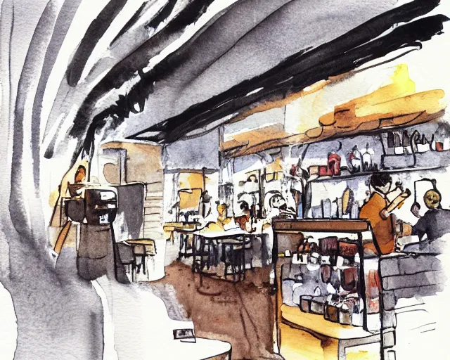 Prompt: a coffee shop smooth watercolor ink pen