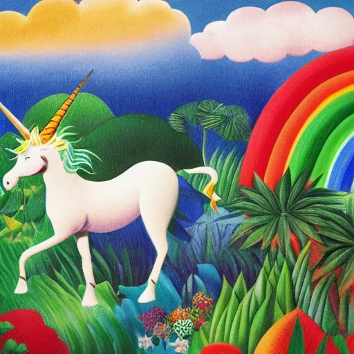 Image similar to A unicorn walking over a rainbow in the jungle by Henri Rousseau and Isami kondo, trending on artstation