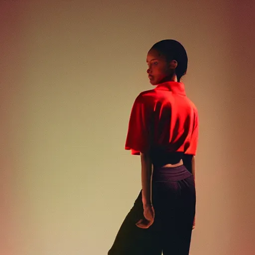 Image similar to realistic! photoshoot for a new nike lookbook, color film photography, portrait of a beautiful woman, red frontal light, image made in night, in style of tyler mitchell, 35mm