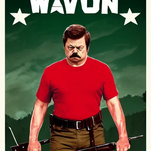 Image similar to Movie poster, Ron Swanson as Rambo, wearing red sweatband, high quality art