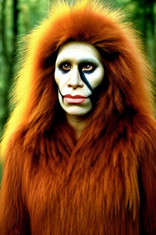 Prompt: a professional portrait photo of a neanderthal woman forest, face paint, ginger hair and fur, extremely high fidelity, natural lighting, still from the movie quest for fire