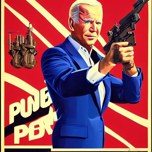 Image similar to propaganda poster of joe biden pointing gun directly at camera in james bond movie, closeup of gun, visible barrel and grip by j. c. leyendecker, bosch, lisa frank, jon mcnaughton, and beksinski