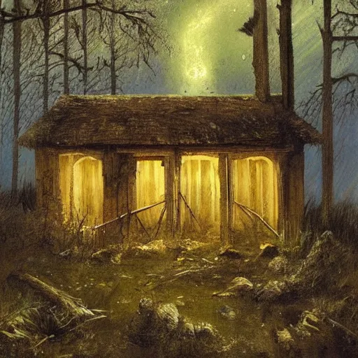 Prompt: a crumbling shed in the woods at night by simon bisley