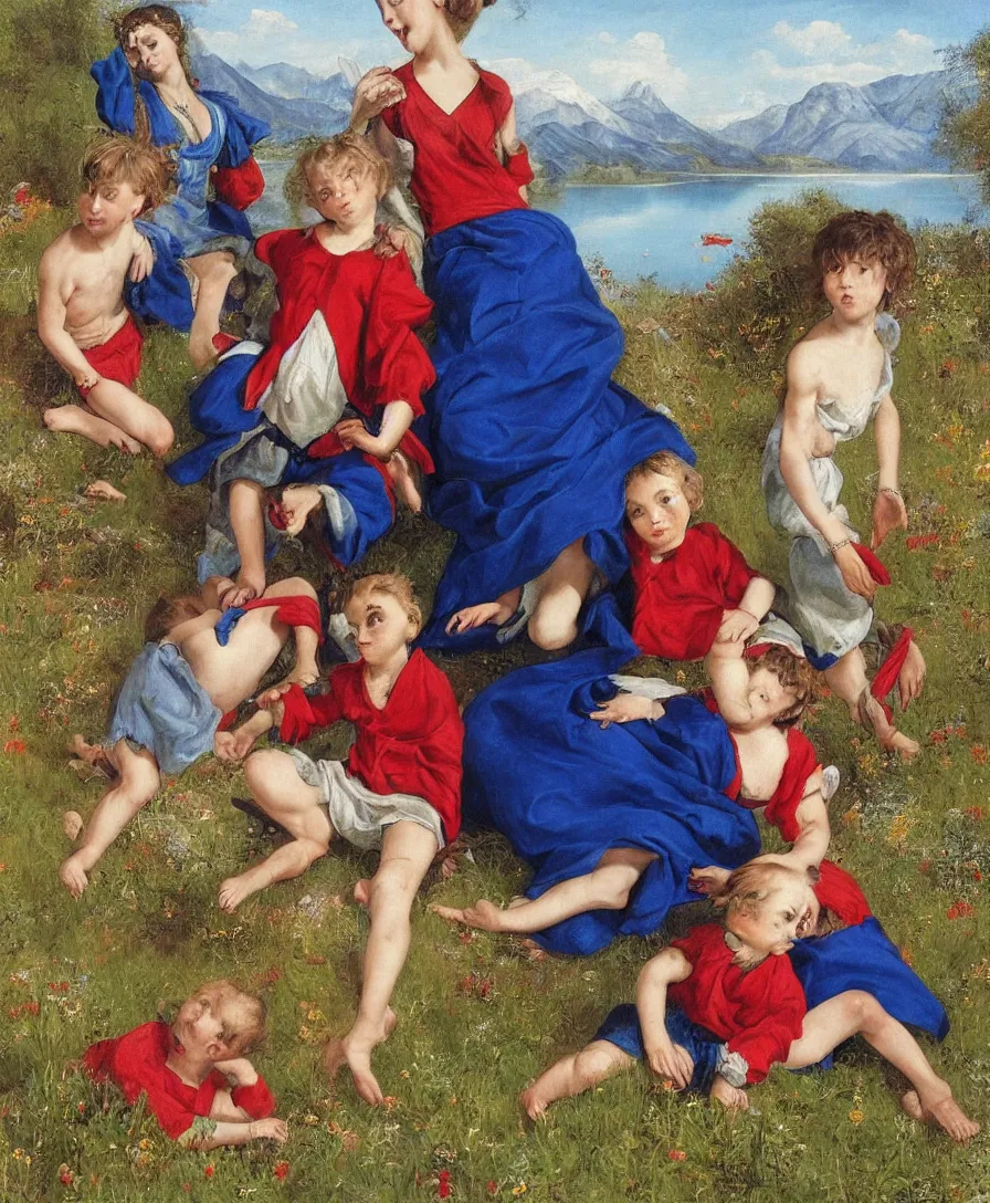 Image similar to Only three people in the picture: Detailed Portrait of beautiful Madonna with blue skirt and a red shirt and two boys playing in the style of Raffael. The boys are very small and only cloth is blue linen. They are sitting in a dried out meadow. In the background, there is a lake with a town and mountains. Flat perspective.