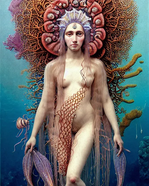 Image similar to realistic detailed underwater portrait of the beutiful young goddess of the fish of the three times with an intricate headdress of corals, sea kelp, sea plants, fish, jellyfish, art by ernst haeckel, zdzisław beksinski, h. r. giger, gothic, neo - gothic, ornamental,