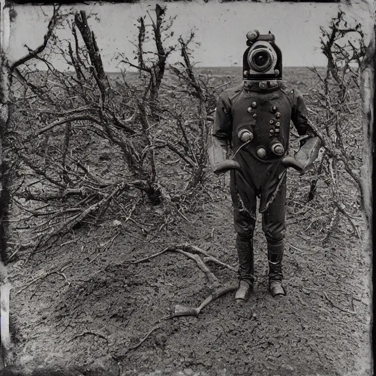 Prompt: A daguerreotype photo of mark V deep sea diving suit standing on a WWI battlefield, mud, craters, dead trees, desolate, smoky