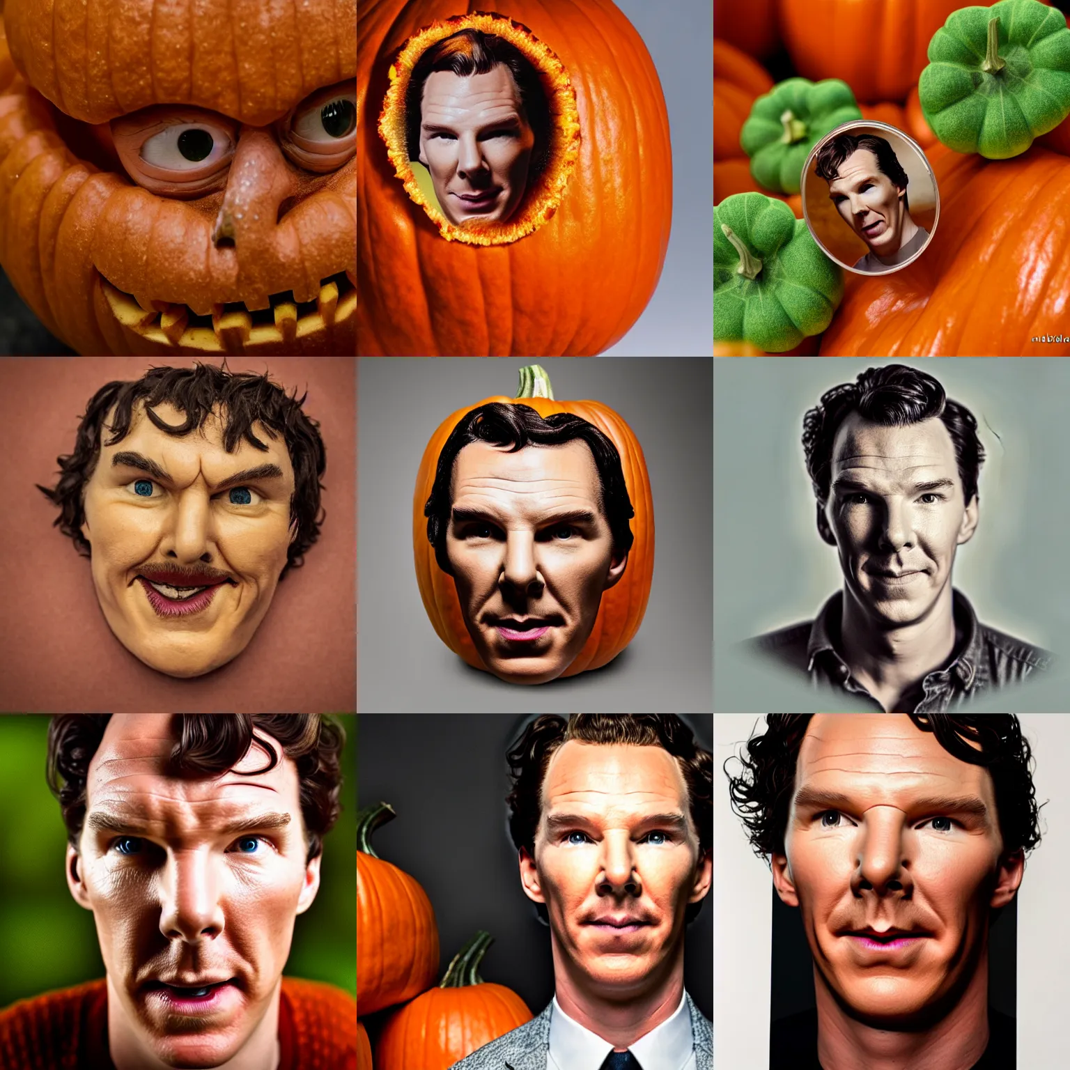 Prompt: the face of benedict cumberbatch as a pumpkin, macro lens, detailed, high quality