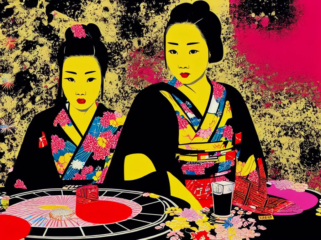 Image similar to hyperrealistic composition of the detailed woman in a japanese kimono sitting at a extremely detailed black jack table with golden darth vader, fireworks, mountain fuji on the background, pop - art style, jacky tsai style, andy warhol style, acrylic on canvas