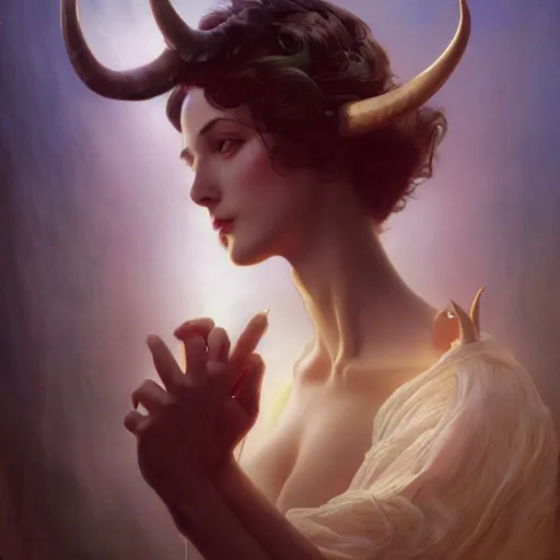 Image similar to the beast with the horns of the lamb, NGE dark fantasy, medium shot, intricate, highly detailed, digital painting, volumetric light, artstation, concept art, smooth, sharp focus, illustration, art by Gil Elvgren and Greg Rutkowski and Alphonse Mucha, 8K