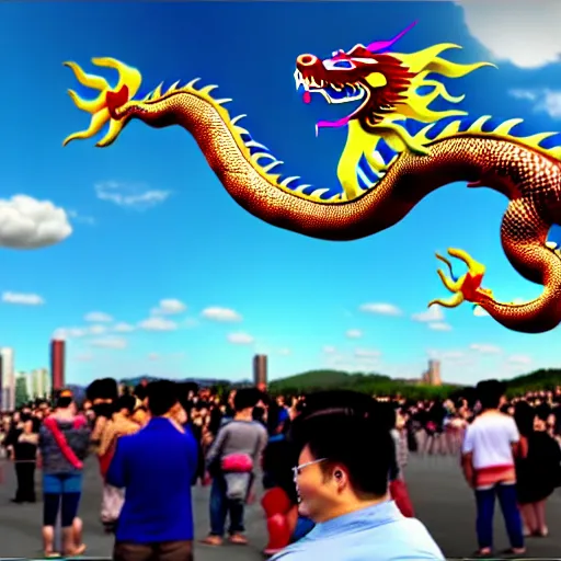 Image similar to people watching a chinese dragon flying in the sky, hyperrealistic, 3 d