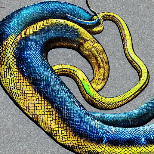 Image similar to shiny blue and yellow python snake, high detail, fantasy art, concept art, 4 k, ultra detail, computer art