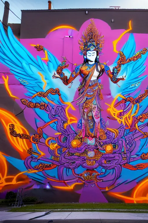 Image similar to epic graffiti mural of a 1000 arm Quan Yin , colorful and dynamic in the style of Hownosm and James Jean, ultimate collab, epic, unreal engine 5, coming to life popping out of the wall 3d,