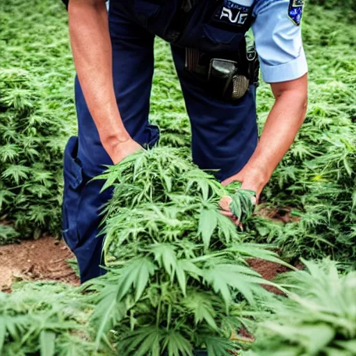 Image similar to police man harvesting weed with a smile, sharp, 8k, detailed face