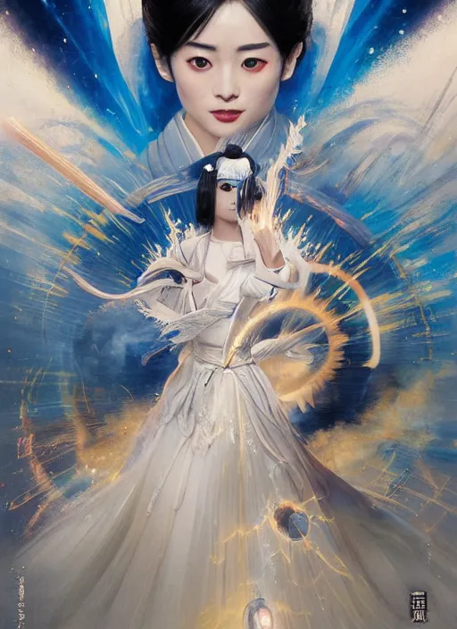 Prompt: portrait of ravishing Japanese Princess Suzu Hirose unleashing a devastating multiversal blazing fireball, battle stance, ready for battle, wearing futuristic luxurious white and little royal blue details suit, captivating, beautiful look, face anatomy, surreal and allegorical, octane render, art by Karol Bak, Karol bak pastiche by Peter Mohrbacher