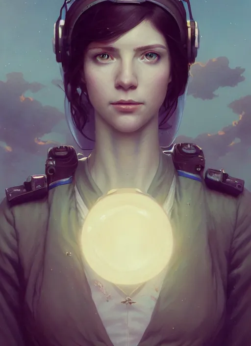 Image similar to highly detailed portrait of a female pilot, cracked porcelain skin, stephen bliss, unreal engine, fantasy art by greg rutkowski, loish, rhads, ferdinand knab, makoto shinkai and lois van baarle, ilya kuvshinov, rossdraws, tom bagshaw, alphonse mucha, global illumination, radiant light, detailed and intricate environment