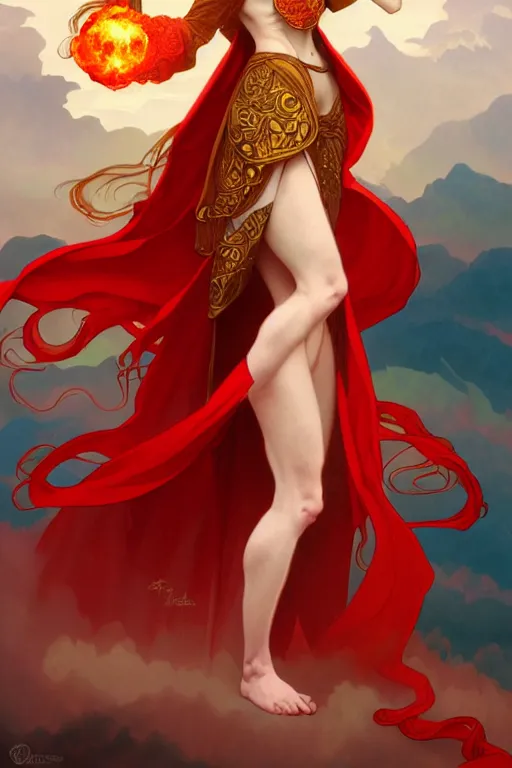 Prompt: a beautiful princess holding a fireball, ginger hair with freckles, wearing long flowing red robes inspired by alphonse mucha, standing on a mountain top with epic clouds and godlike lighting, intricate illustration and highly detailed digital painting. concept art by artgerm. inspired by brom art and larry elmore.